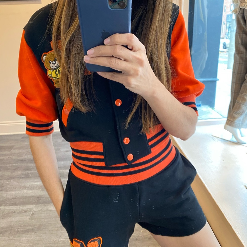 Love Moschino Black and Orange Athletic Shorts and jacket
